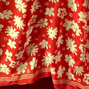 Scarf, red w white floral pattern & striped trim.